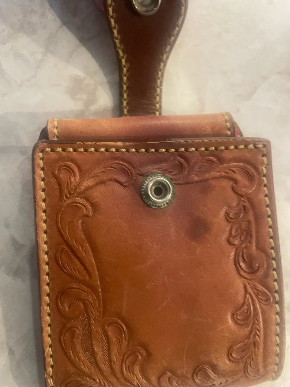 Men's Tooled Leather Wallet with Snap Closure - Brown